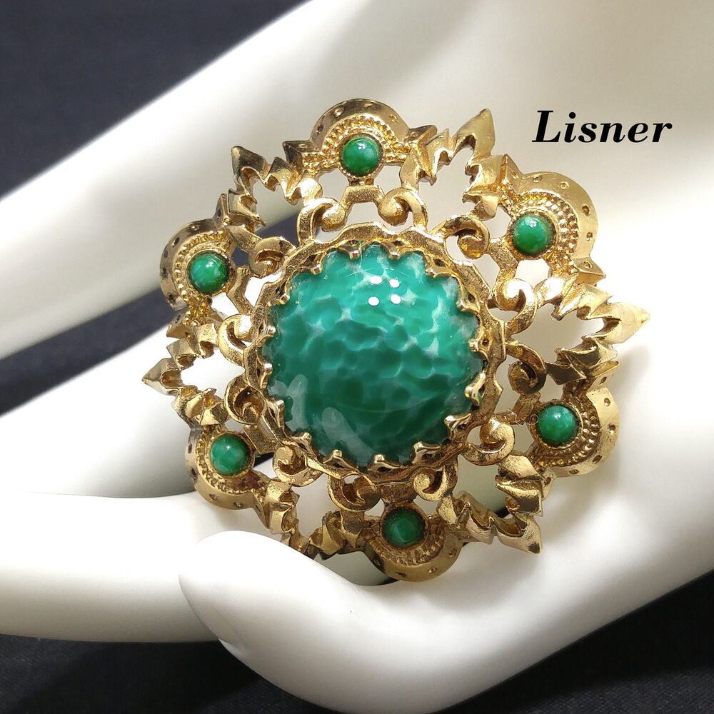 Vintage LISNER Green Art Glass Domed Brooch Gold Tone 1960s